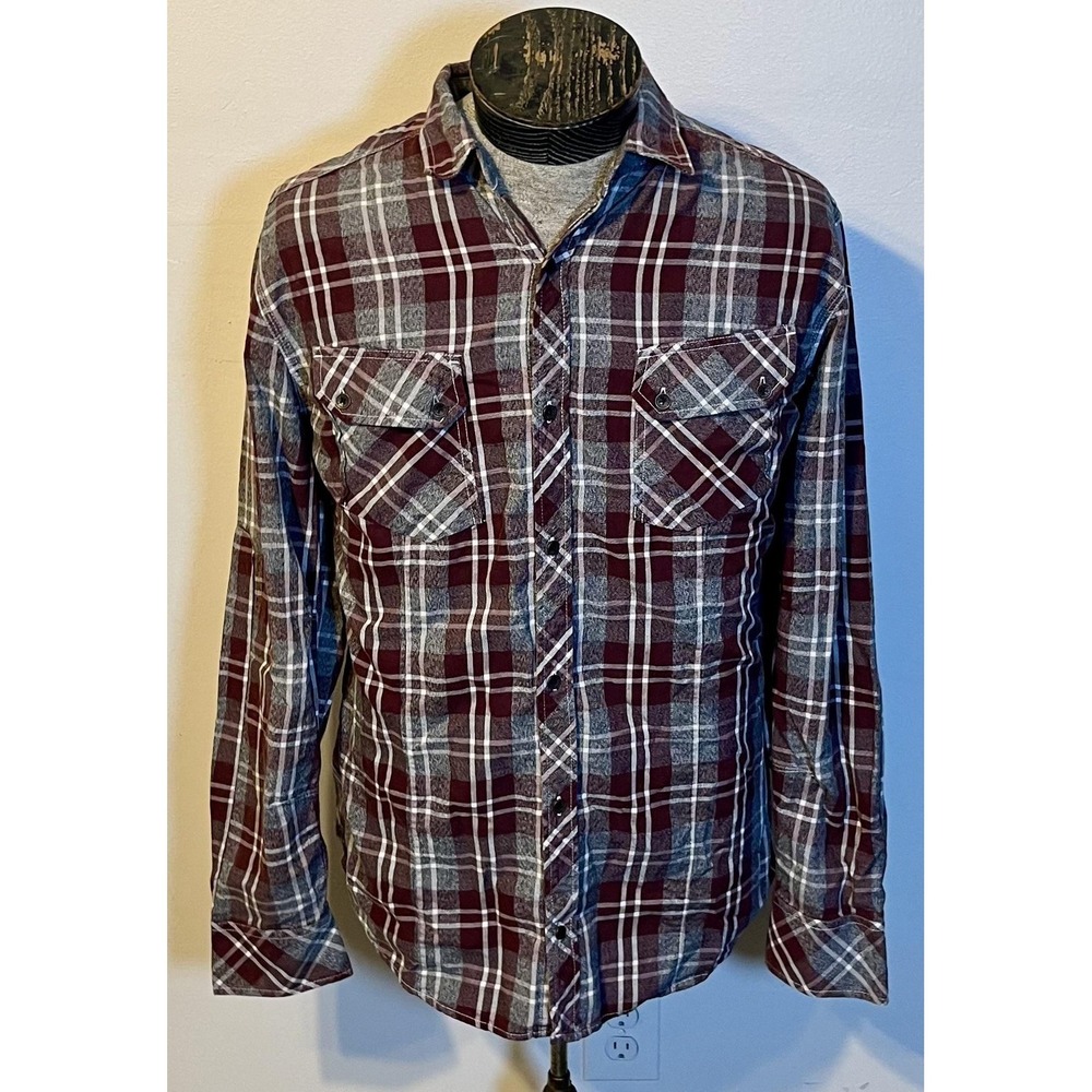 Outpost Makers Shirt Mens XL Red Gray Plaid 100% Cotton Button Front Long Sleeve